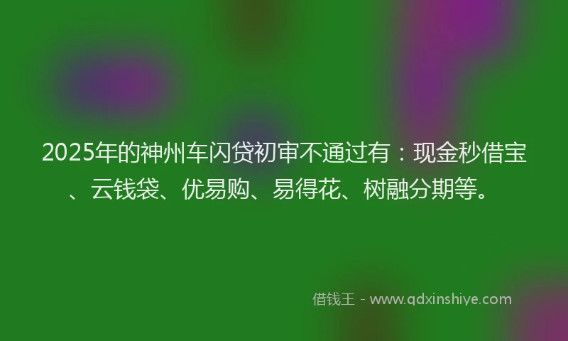 2025年的神州车闪贷初审不通过有：现金秒借宝、云钱袋、优易购、易得花、树融分期等。