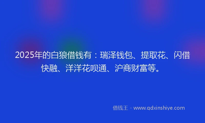 2025年的白狼借钱有：瑞泽钱包、提取花、闪借快融、洋洋花呗通、沪商财富等。