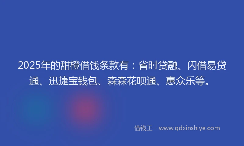 2025年的甜橙借钱条款有：省时贷融、闪借易贷通、迅捷宝钱包、森森花呗通、惠众乐等。