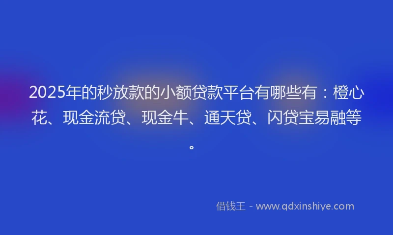 2025年的秒放款的小额贷款平台有哪些有：橙心花、现金流贷、现金牛、通天贷、闪贷宝易融等。