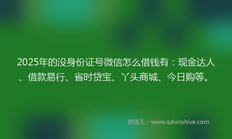 2025年的没身份证号微信怎么借钱有：现金达人、借款易行、省时贷宝、丫头商城、今日购等。