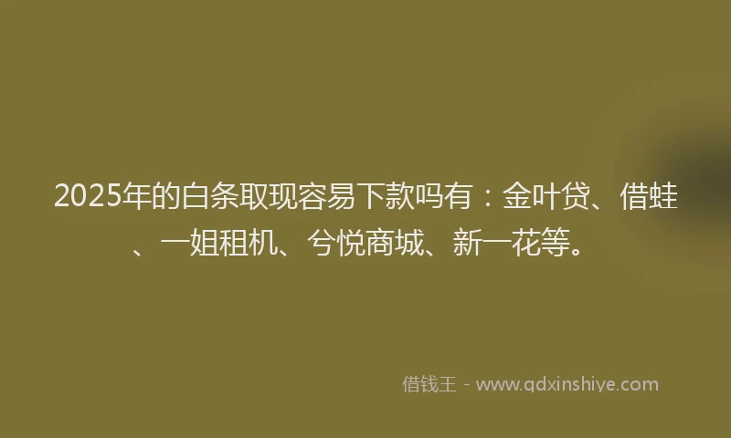 2025年的白条取现容易下款吗有：金叶贷、借蛙、一姐租机、兮悦商城、新一花等。