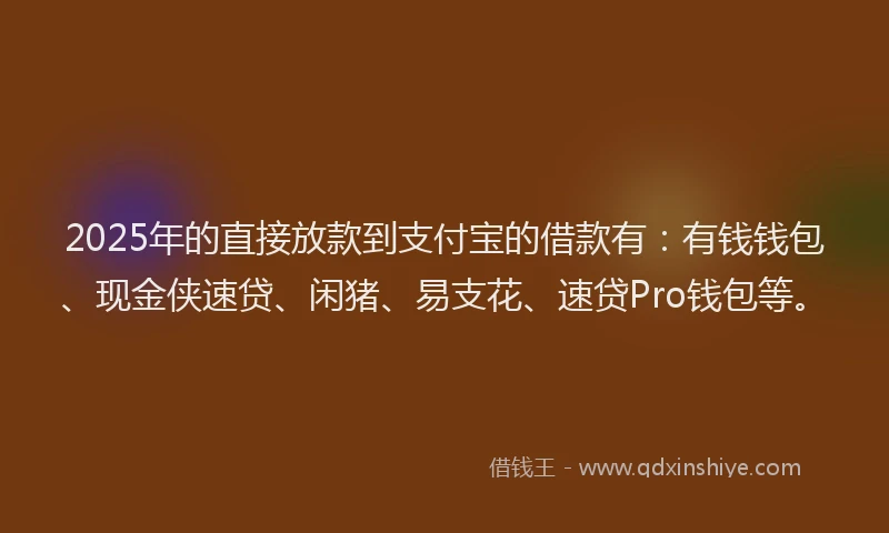 2025年的直接放款到支付宝的借款有：有钱钱包、现金侠速贷、闲猪、易支花、速贷Pro钱包等。