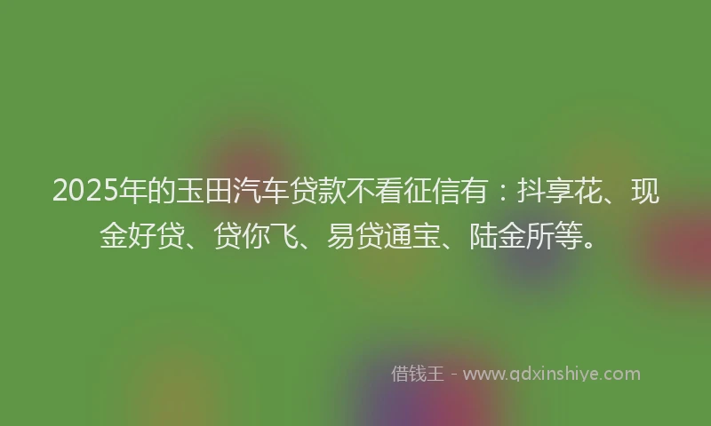 2025年的玉田汽车贷款不看征信有：抖享花、现金好贷、贷你飞、易贷通宝、陆金所等。