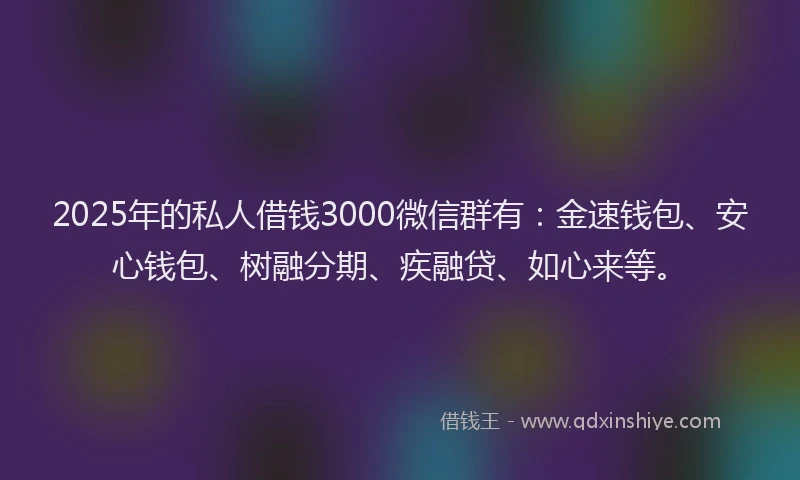 2025年的私人借钱3000微信群有：金速钱包、安心钱包、树融分期、疾融贷、如心来等。