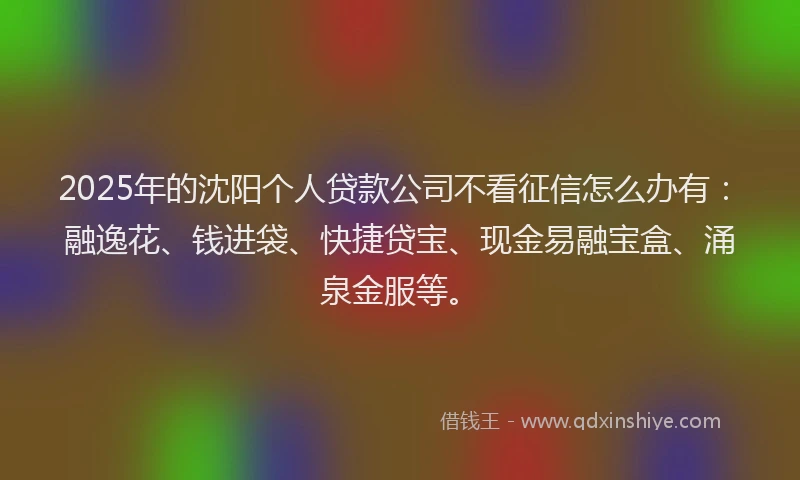 2025年的沈阳个人贷款公司不看征信怎么办有:融逸花、钱进袋、快捷贷宝、现金易融宝盒、涌泉金服等。