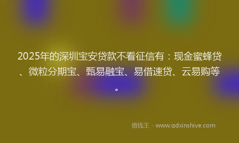 2025年的深圳宝安贷款不看征信有:现金蜜蜂贷、微粒分期宝、甄易融宝、易借速贷、云易购等。