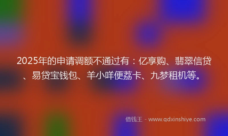 2025年的申请调额不通过有：亿享购、翡翠信贷、易贷宝钱包、羊小咩便荔卡、九梦租机等。