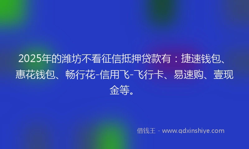 2025年的潍坊不看征信抵押贷款有：捷速钱包、惠花钱包、畅行花-信用飞-飞行卡、易速购、壹现金等。