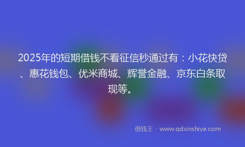 2025年的短期借钱不看征信秒通过有：小花快贷、惠花钱包、优米商城、辉誉金融、京东白条取现等。