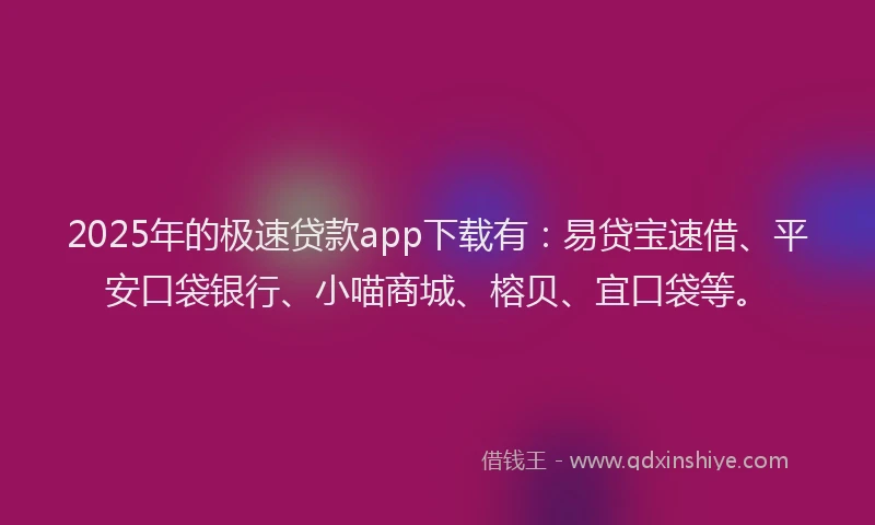 2025年的极速贷款app下载有：易贷宝速借、平安口袋银行、小喵商城、榕贝、宜口袋等。