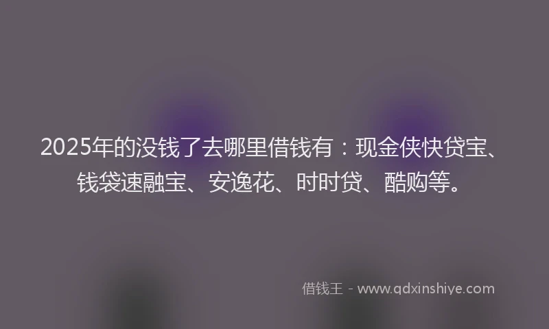 2025年的没钱了去哪里借钱有：现金侠快贷宝、钱袋速融宝、安逸花、时时贷、酷购等。