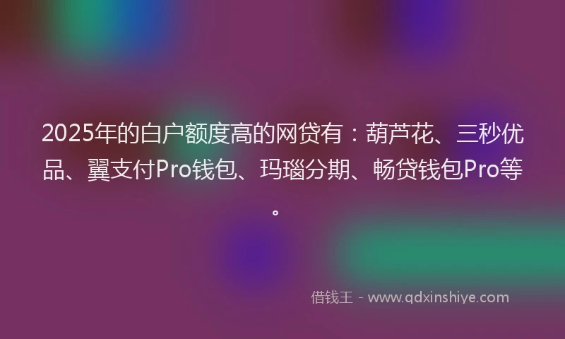 2025年的白户额度高的网贷有：葫芦花、三秒优品、翼支付Pro钱包、玛瑙分期、畅贷钱包Pro等。