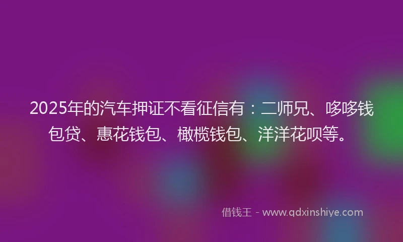2025年的汽车押证不看征信有：二师兄、哆哆钱包贷、惠花钱包、橄榄钱包、洋洋花呗等。