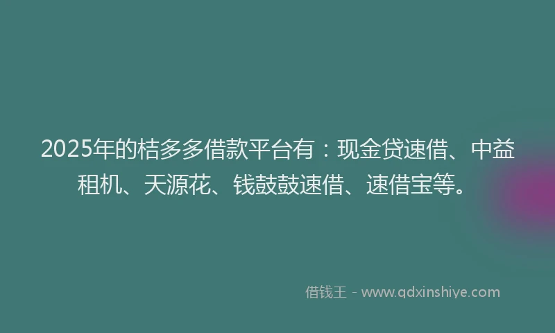 2025年的桔多多借款平台有：现金贷速借、中益租机、天源花、钱鼓鼓速借、速借宝等。