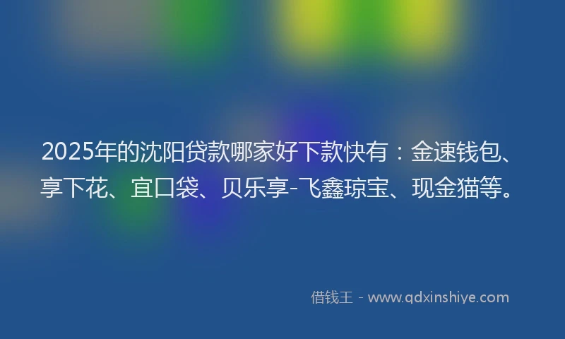 2025年的沈阳贷款哪家好下款快有：金速钱包、享下花、宜口袋、贝乐享-飞鑫琼宝、现金猫等。