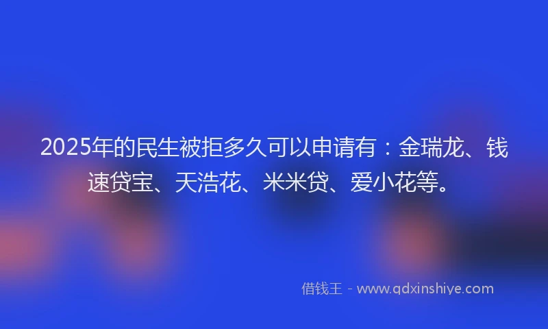 2025年的民生被拒多久可以申请有：金瑞龙、钱速贷宝、天浩花、米米贷、爱小花等。