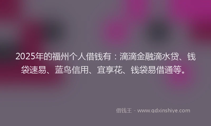 2025年的福州个人借钱有:滴滴金融滴水贷、钱袋速易、蓝鸟信用、宜享花、钱袋易借通等。