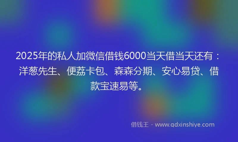 2025年的私人加微信借钱6000当天借当天还有：洋葱先生、便荔卡包、森森分期、安心易贷、借款宝速易等。