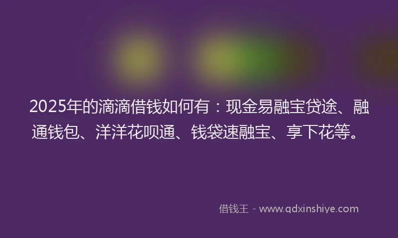 2025年的滴滴借钱如何有：现金易融宝贷途、融通钱包、洋洋花呗通、钱袋速融宝、享下花等。