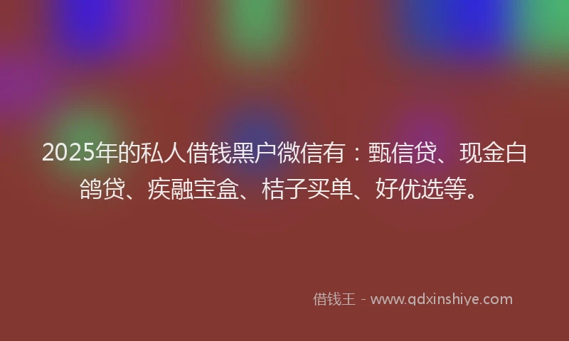 2025年的私人借钱黑户微信有:甄信贷、现金白鸽贷、疾融宝盒、桔子买单、好优选等。