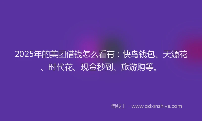 2025年的美团借钱怎么看有：快鸟钱包、天源花、时代花、现金秒到、旅游购等。