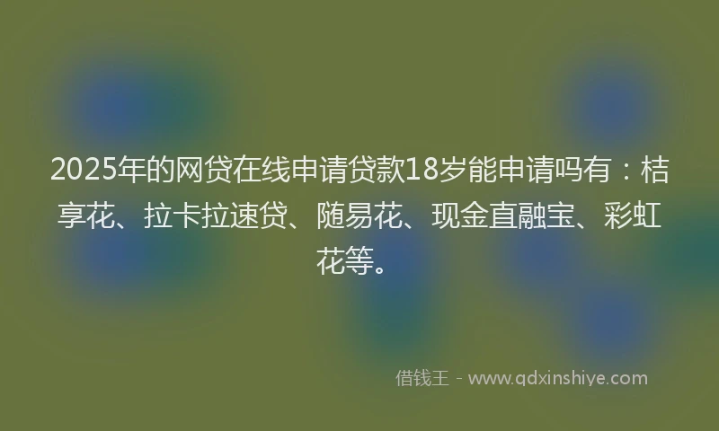 2025年的网贷在线申请贷款18岁能申请吗有：桔享花、拉卡拉速贷、随易花、现金直融宝、彩虹花等。