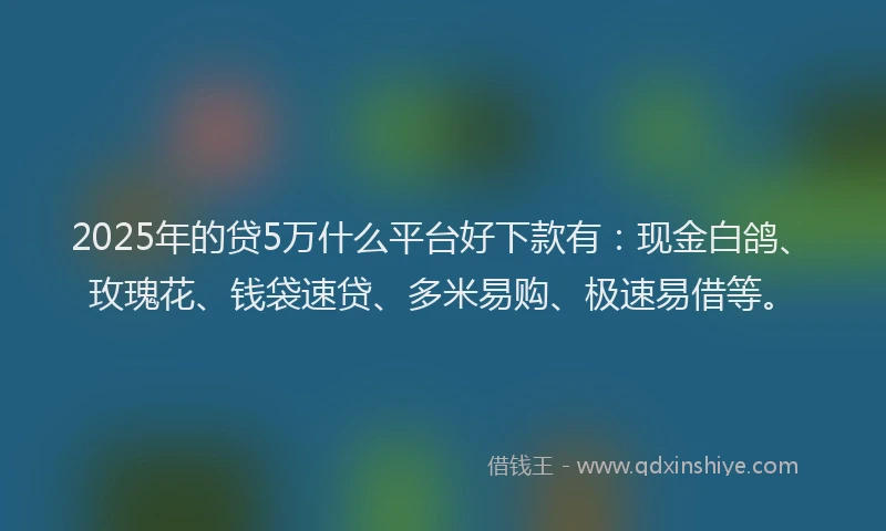 2025年的贷5万什么平台好下款有：现金白鸽、玫瑰花、钱袋速贷、多米易购、极速易借等。