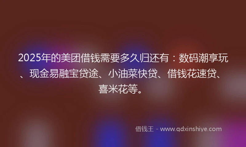 2025年的美团借钱需要多久归还有：数码潮享玩、现金易融宝贷途、小油菜快贷、借钱花速贷、喜米花等。
