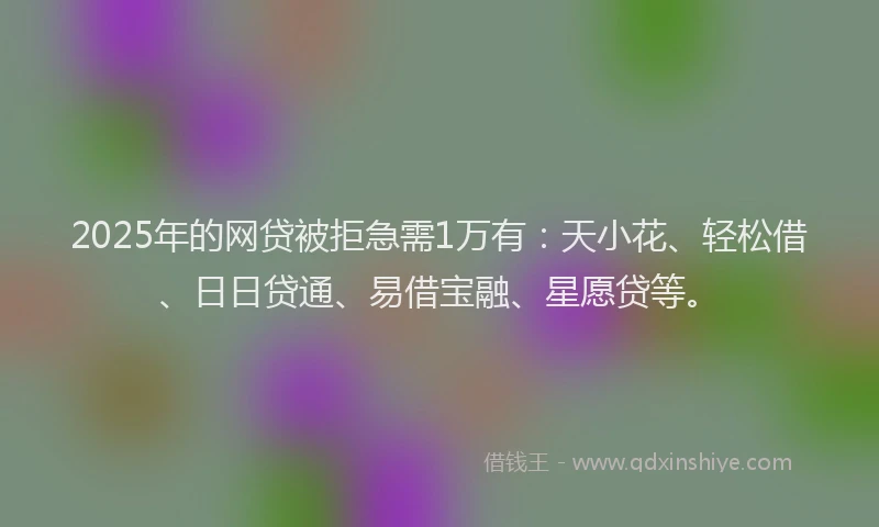 2025年的网贷被拒急需1万有：天小花、轻松借、日日贷通、易借宝融、星愿贷等。