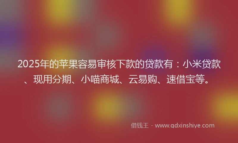 2025年的苹果容易审核下款的贷款有：小米贷款、现用分期、小喵商城、云易购、速借宝等。