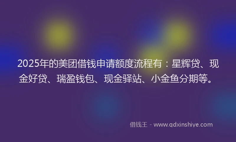2025年的美团借钱申请额度流程有：星辉贷、现金好贷、瑞盈钱包、现金驿站、小金鱼分期等。