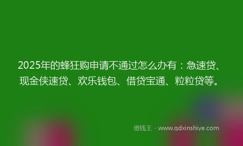 2025年的蜂狂购申请不通过怎么办有:急速贷、现金侠速贷、欢乐钱包、借贷宝通、粒粒贷等。