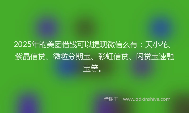 2025年的美团借钱可以提现微信么有：天小花、紫晶信贷、微粒分期宝、彩虹信贷、闪贷宝速融宝等。