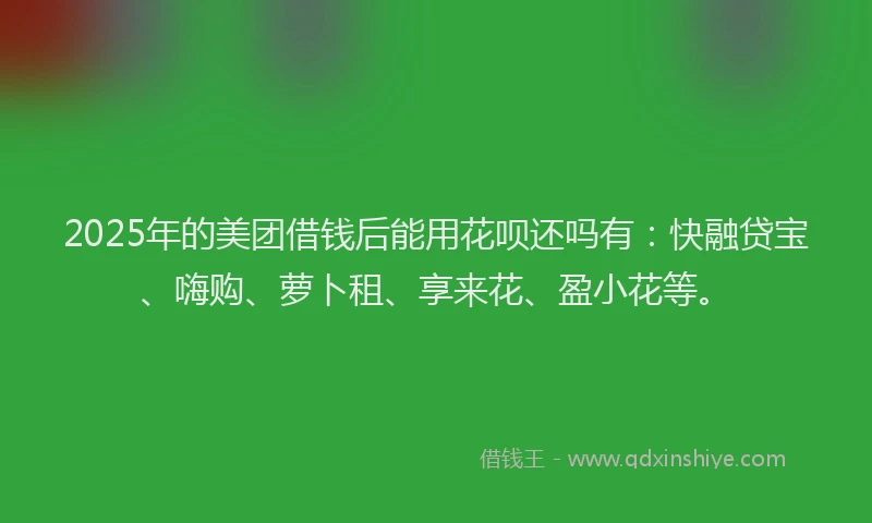 2025年的美团借钱后能用花呗还吗有：快融贷宝、嗨购、萝卜租、享来花、盈小花等。