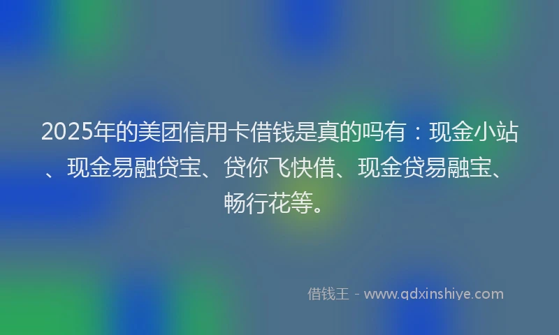 2025年的美团信用卡借钱是真的吗有：现金小站、现金易融贷宝、贷你飞快借、现金贷易融宝、畅行花等。
