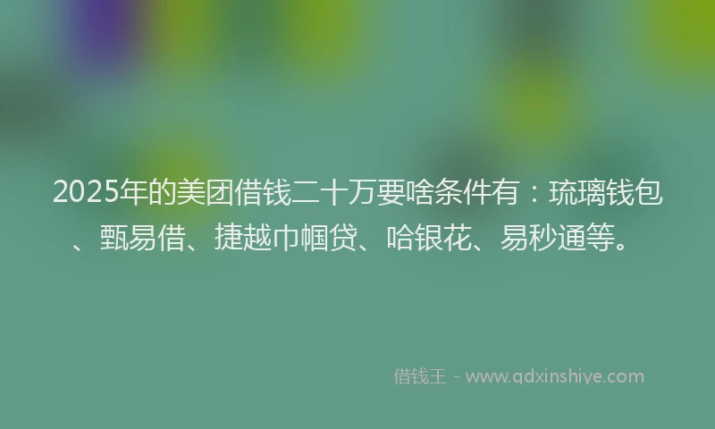 2025年的美团借钱二十万要啥条件有：琉璃钱包、甄易借、捷越巾帼贷、哈银花、易秒通等。