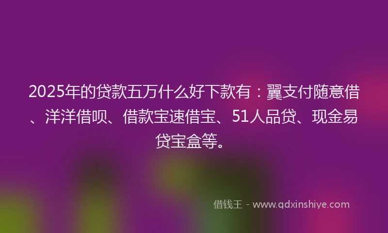 2025年的贷款五万什么好下款有：翼支付随意借、洋洋借呗、借款宝速借宝、51人品贷、现金易贷宝盒等。