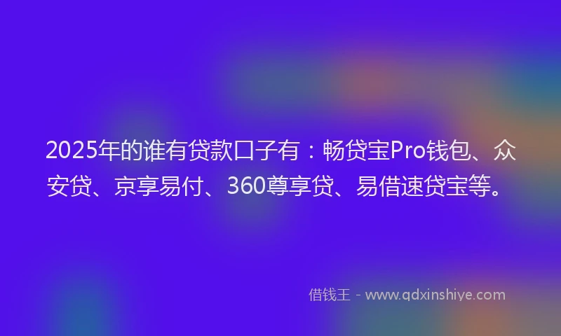 2025年的谁有贷款口子有：畅贷宝Pro钱包、众安贷、京享易付、360尊享贷、易借速贷宝等。