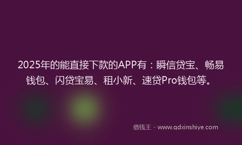 2025年的能直接下款的APP有：瞬信贷宝、畅易钱包、闪贷宝易、租小新、速贷Pro钱包等。