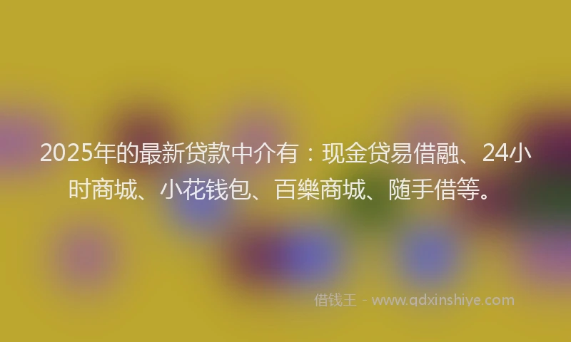 2025年的最新贷款中介有：现金贷易借融、24小时商城、小花钱包、百樂商城、随手借等。