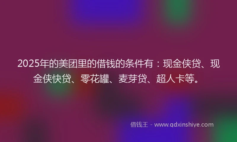 2025年的美团里的借钱的条件有：现金侠贷、现金侠快贷、零花罐、麦芽贷、超人卡等。