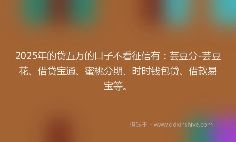 2025年的贷五万的口子不看征信有：芸豆分-芸豆花、借贷宝通、蜜桃分期、时时钱包贷、借款易宝等。