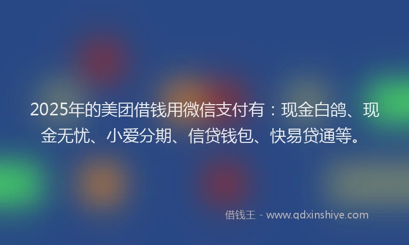 2025年的美团借钱用微信支付有：现金白鸽、现金无忧、小爱分期、信贷钱包、快易贷通等。