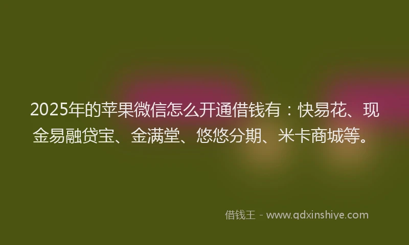 2025年的苹果微信怎么开通借钱有：快易花、现金易融贷宝、金满堂、悠悠分期、米卡商城等。