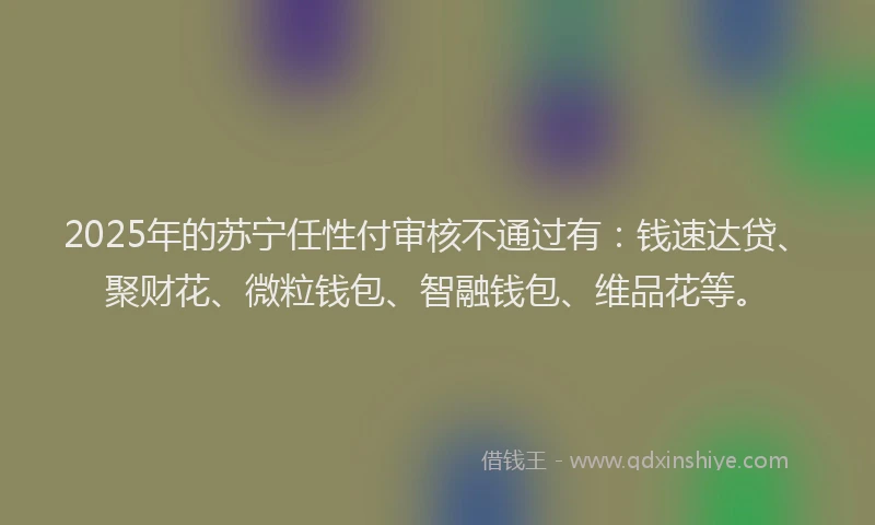 2025年的苏宁任性付审核不通过有：钱速达贷、聚财花、微粒钱包、智融钱包、维品花等。
