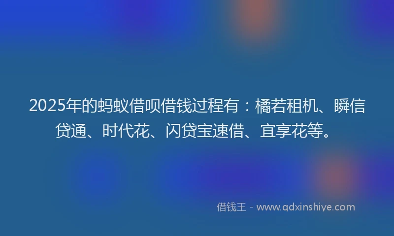 2025年的蚂蚁借呗借钱过程有：橘若租机、瞬信贷通、时代花、闪贷宝速借、宜享花等。