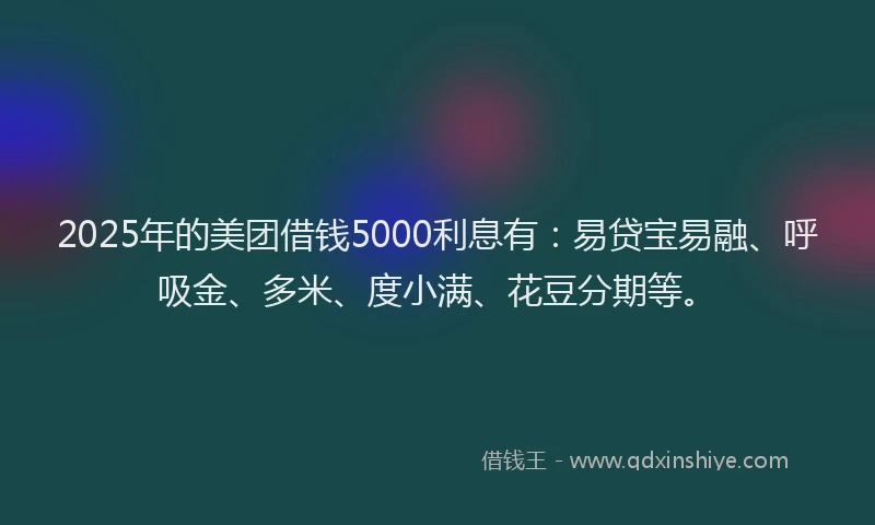 2025年的美团借钱5000利息有：易贷宝易融、呼吸金、多米、度小满、花豆分期等。