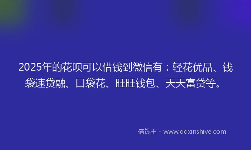 2025年的花呗可以借钱到微信有：轻花优品、钱袋速贷融、口袋花、旺旺钱包、天天富贷等。