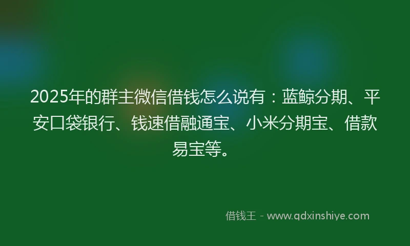 2025年的群主微信借钱怎么说有：蓝鲸分期、平安口袋银行、钱速借融通宝、小米分期宝、借款易宝等。